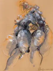 PRZYWIĄZANIE by Andrzej Domżalski, 2015, tusz pędzel, akryl, węgiel, papier jasnobrązowy, sold Dec 2023