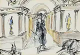 SCENA FANTASTYCZNA W BAROKOWYM WNĘTRZU by Antoni Uniechowski, tusz pióro, patyk, akwarela, papier kremowy, sold Dec 2023