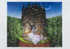 Jacek Yerka, NAROŻNIK BIBLIOFILA, 2023, kredki, ołówek, papier