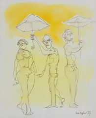 Otto Axer, POSTACI Z PARASOLKAMI, 1973, akwarela, tusz, pióro, papier