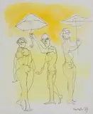 Otto Axer, POSTACI Z PARASOLKAMI, 1973, akwarela, tusz, pióro, papier