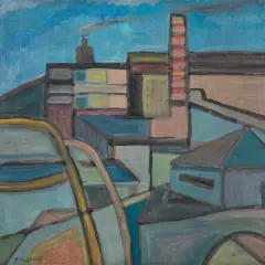Fryderyk Antoni Hayder, PEJZAŻ FABRYCZNY, 1973, olej, płyta pilśniowa