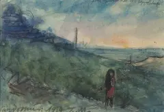 Zbigniew Makowski, POSTAĆ NA TLE PEJZAŻU, 1954-1977, akwarela, tusz pióro, pastel, papier czerpany