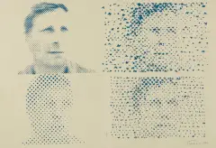 Jan Tarasin, AUTOPORTRET, 1990, serigrafia ciemnoniebieska, papier oliwkowy
