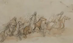 Piotr Michałowski, JEŹDŹCY, ołówek, akwarela, papier