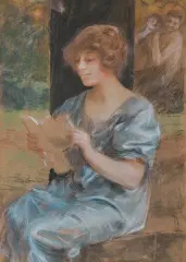 Teodor Axentowicz, ZACZYTANA, pastel, akwarela, papier