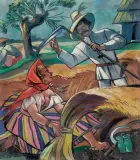 UMIZGI. ŻNIWA by Zofia Stryjeńska, lata 50. XX w., tempera, gwasz, płótno, sold Oct 2023