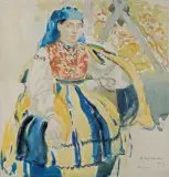 Apoloniusz Kędzierski, ŁOWICZANKA, 1913, akwarela, gwasz, ołówek, papier nakl. na tekturę