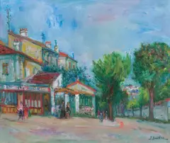 W MIASTECZKU by Jakub (Jacques) Zucker, olej, płótno, offered Oct 2023