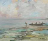 Marian Mokwa, PEJZAŻ NADMORSKI, olej, płótno