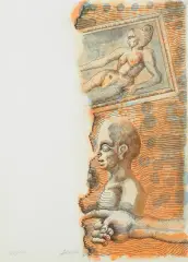 KOMPOZYCJA Z OBRAZEM by Jan Lebensztejn, litografia barwna, karton, offered Aug 2023