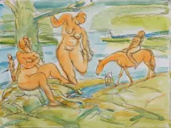 Fryderyk Antoni Hayder, IDYLLA (AKTY W PEJZAŻU), tusz pióro, akwarela, papier