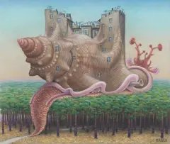 Jacek Yerka, Heliktura mobilna, 2023, pastel, papier naklejony na tekturę