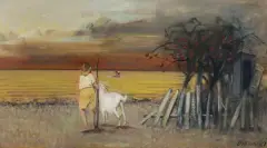 Janusz Lewandowski, PEJZAŻ Z KOZĄ I JABŁONKĄ, olej, płótno