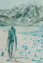 Andrzej Wroński, PEJZAŻ FANTASTYCZNY Z POSTACIĄ, 1980, długopis, akwarela, gwasz, papier