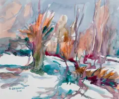 Sergiusz Grudkowski, OGNIKI NA ŚNIEGU, Z CYKLU „MAZOWSZE”, 2005, akwarela, papier