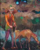 CZARNOKSIĘŻNIK Z KONIEM by Franciszek Maśluszczak, 1992, akryl, płótno, sold Apr 2023