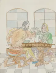 DWÓCH RYCERZY PRZY STOLE W RENESANSOWYM WNĘTRZU by Maja (Maria) Berezowska, tusz pióro, akwarela, papier, offered Mar 2023