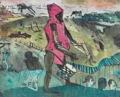 ŚWIAT, Z CYKLU "MŁOT NA CZAROWNICE" by Jacek Sroka, 1985-87, akwaforta, akwatinta barwna, papier, sold Mar 2023