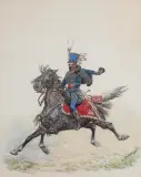 Jan Rosen, HUZAR XIII PUŁKU WOJSK KSIĘSTWA WARSZAWSKIEGO, 1915, akwarela, gwasz, tusz, papier