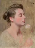 Kazimierz Pochwalski, PORTRET MŁODEJ KOBIETY Z RÓŻĄ, 1919, olej, płótno