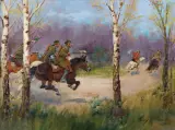 POGOŃ ZA BOLSZEWIKIEM by Jerzy Kossak, 1936, olej, płótno naklejone na tekturę, sold Mar 2023