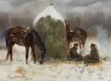 UŁANI PRZY STOGU by Jerzy Kossak, 1939, olej, tektura, sold Mar 2023