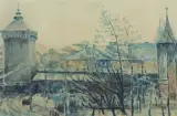 Władysław Jarocki, WIDOK Z OKNA PRACOWNI NA BRAMĘ FLORIAŃSKĄ, 1936, akwarela, gwasz, papier naklejony na tekturę