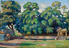 PEJZAŻ LETNI by Mieczysław Filipkiewicz, olej, tektura, sold Mar 2023