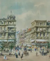 Wolfgang Tritt, WIDOK BERLINA - UNTER DEN LINDEN, akwarela, gwasz, ołówek, papier