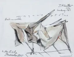 Tadeusz Kantor, NACIĄGANIE PŁÓTNA – STRACH NA WRÓBLE, 1961, tusz pióro, flamaster, akwarela, werniks, papier