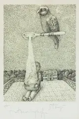 ZA ZAMKNIĘTYMI DRZWIAMI - ILUSTRACJA by Stasys Eidrigevičius, 1978, autocynkografia na kremowej tincie, papier, sold Jan 2023