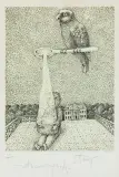 Stasys Eidrigevičius, ZA ZAMKNIĘTYMI DRZWIAMI - ILUSTRACJA, 1978, autocynkografia na kremowej tincie, papier