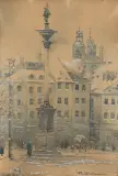 KOLUMNA ZYGMUNTA W WARSZAWIE by Władysław Chmieliński, akwarela, gwasz, kredka, papier, sold Jan 2023