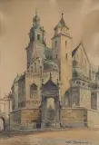 WAWEL by Władysław Chmieliński, tusz, akwarela, kredka, papier naklejony na karton, sold Jan 2023