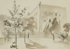Tymon Niesiołowski, WIDOK MIEJSKI, ok. 1950, tusz pióro, tusz lawowany, papier