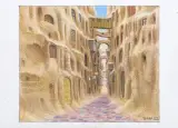 PUSTYNNY PASAŻ by Jacek Yerka, 2022, kredki, ołówek, karton, sold Dec 2022