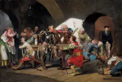 SCENA W KARCZMIE by Jan Czesław Moniuszko, olej, płótno dublowane, sold Dec 2022