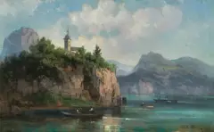 Joseph Carl Berthold Puttner, Jezioro wśród skał, olej, deska