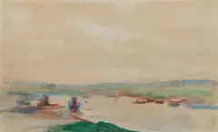 Leon Wyczółkowski, ŁODZIE NA RZECE, 1914, kredka, akwarela, papier