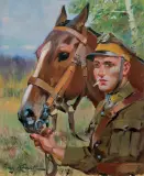 UŁAN Z KONIEM by Jerzy Kossak, 1927, olej, tektura, sold Dec 2022