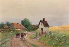 NA WIEJSKIEJ DRODZE by Adam Setkowicz, olej, tektura, sold Dec 2022