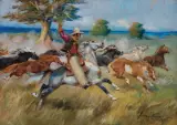 ZA MUSTANGAMI by Jerzy Kossak, 1942, olej, tektura, sold Dec 2022