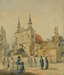 Antoni Kozakiewicz, PRZED ŚWIĘTYM FLORIANEM W KRAKOWIE, ok. 1880, akwarela, ołówek, papier
