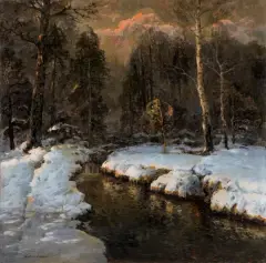 STRUMIEŃ W ZIMOWYM PEJZAŻU by Wiktor Korecki, przed 1939, olej, płyta pilśniowa, sold Oct 2022