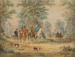 Jan Chełmiński, WYJAZD NA POLOWANIE, akwarela, papier