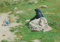 Stanisław Dębicki, NIANIA Z DZIECKIEM NA ŁĄCE, gwasz, karton