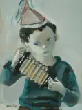 CHŁOPIEC Z HARMONIĄ by Rajmund Kanelba, gwasz, akwarela, papier, sold Oct 2022