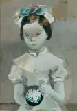 DZIEWCZYNKA Z BUKIECIKIEM by Rajmund Kanelba, gwasz, akwarela, tektura, sold Oct 2022