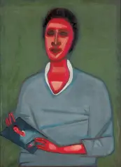 Jerzy Nowosielski, PORTRET PANI W NIEBIESKIEJ SUKNI, 1961, olej, płótno